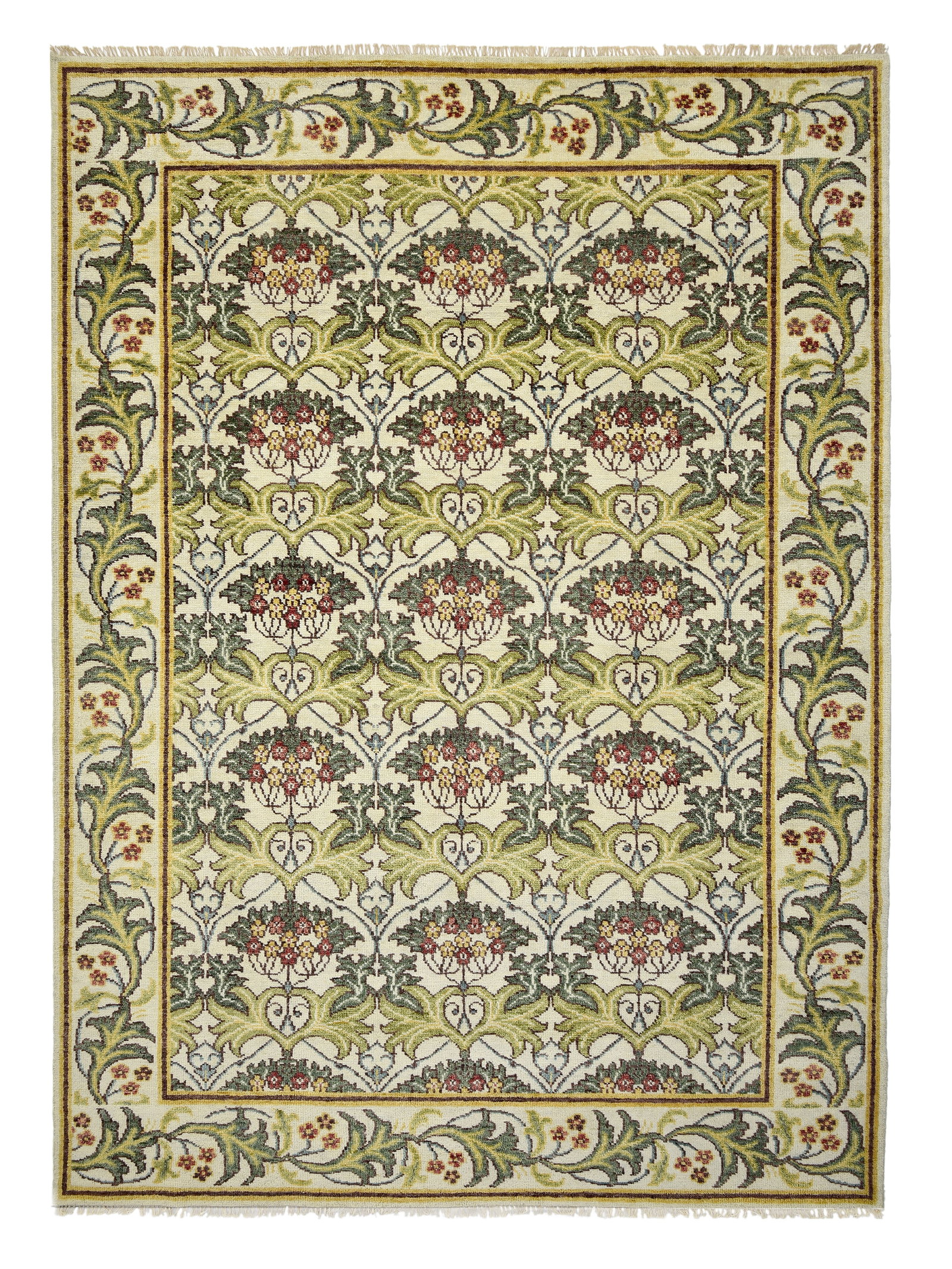 12X18 Ivory William Morris Inspired Area Rug: Hand-knotted, wool pile on a cotton foundation. 12X18 Origin: India Field Color: Ivory Border Color: Ivory Accent Colors: Light-Green, Dark-Green, Gold, Brown, Light-Blue SKU: 98.06-03.29.23-12X18-AP0