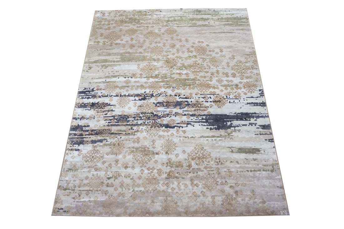 9X12 Fine Wool and Silk Modern Area Rug: Hand-knotted wool pile on a cotton foundation. Dimensions: 9'1" x 12' Origin: India Field Color: Multicolored Accent Colors: Light-Brown, Ivory, Charcoal, Gold, Beige, Light-Green SKU: 73.1