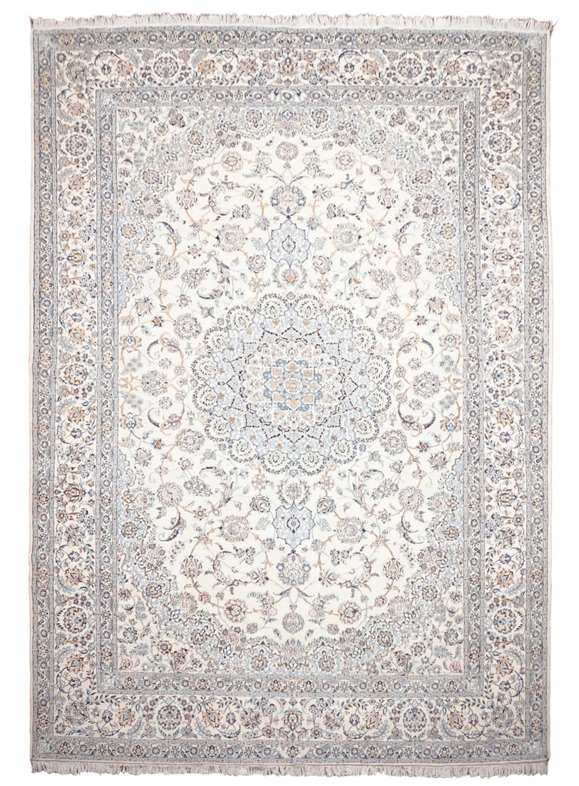 11X16 Wool & Silk Persian Naein Rug, circa 2000: Hand-knotted wool & silk pile on a cotton foundation. Circa 2000 Dimensions: 11'2" x 16'2" Origin: Iran Condition: Excellent Field Color: Tan Border Color: Tan Accent Colors: Light-Blue, Light-Brown, 