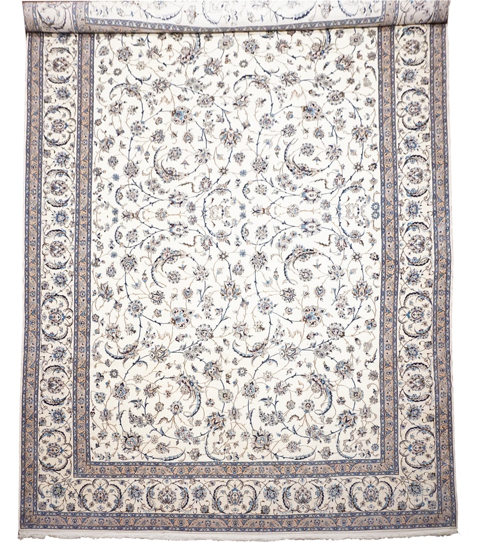 13X19 Persian Wool and Silk Naein Area Rug: Hand-knotted wool & silk pile on a cotton foundation. Dimensions: 13'2" x 19'5" Origin: Iran Condition: Excellent Field Color: Ivory Border Color: Cream Accent Colors: Light-Brown, Blue, Brown, Burgun