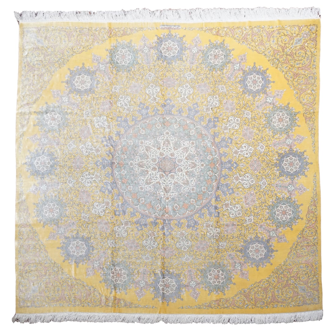 8X8 Square Signed Fine Tabriz Silk Rug, circa 1970: Hand-knotted silk pile on a silk foundation. 600+ KPSI Dimensions: 7'10" x 7'10" Origin: Iran Condition: Excellent Field Color: Gold Border Color: Gold Accent Color: Ivory, Purple-Blue, Pink, Green, B