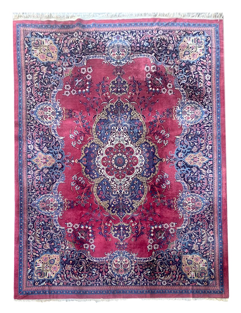 8X12 Estate Fine Persian Kerman Rug: Hand-knotted wool pile on a cotton foundation. Circa 1960 Dimensions: 8'4" x 11'11" Origin: Iran Condition: Good for its age Field Color: Burgundy Border Color: Navy-Blue Accent Colors: Ivory, Gold, B