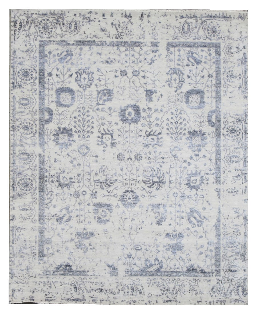 9X12 Modern Fine Wool & Silk Broken Design Rug: Hand-knotted wool & silk pile on a cotton foundation. 9' x 12' Origin: India Field Color: Silver Border Color: Silver Accent Colors: Blue SKU: 84.55-08.13.21-9X12-71-AL146