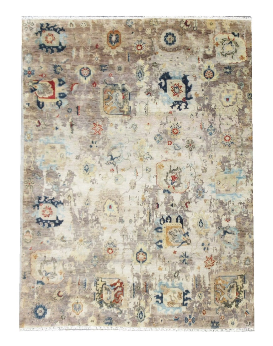 8X10 Fine Modern Hand-Knotted Wool Area Rug: Hand-knotted wool pile on a cotton foundation. Dimensions: 7'10" x 9'11" Origin: India Field Color: Ivory Border Color: Gray Accent Color: Blue, Light-Blue, Red, Rust, Gold SKU: 80.243-03.24.21-8X10-6