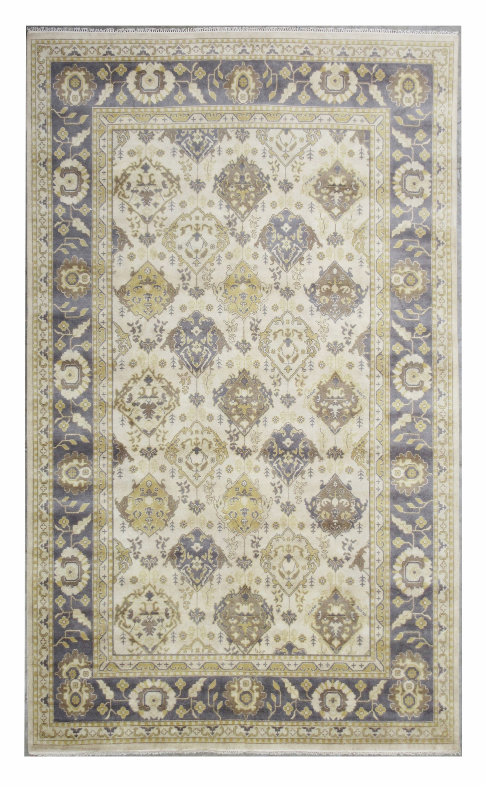12X20 Oushak Hand-Knotted Rug: Hand-knotted wool pile on a cotton foundation. Dimensions: 12' x 19'10" Origin: India Field Color: Ivory Border Color: Gray SKU: 84.15-08.13.21-12X20-126-AL106-EAMT