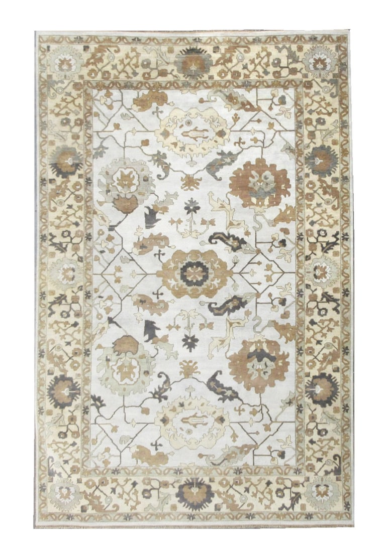 12X18 Oushak Hand-Knotted Wool Rug: Hand-knotted wool pile on a cotton foundation. Dimensions: 12'1" x 17'11" Origin: India Field Color: Silver Border Color: Gold Accent Colors: Ivory, Brown, Gray SKU: 80.227-03.24.21-12X18-103-AK200-EA