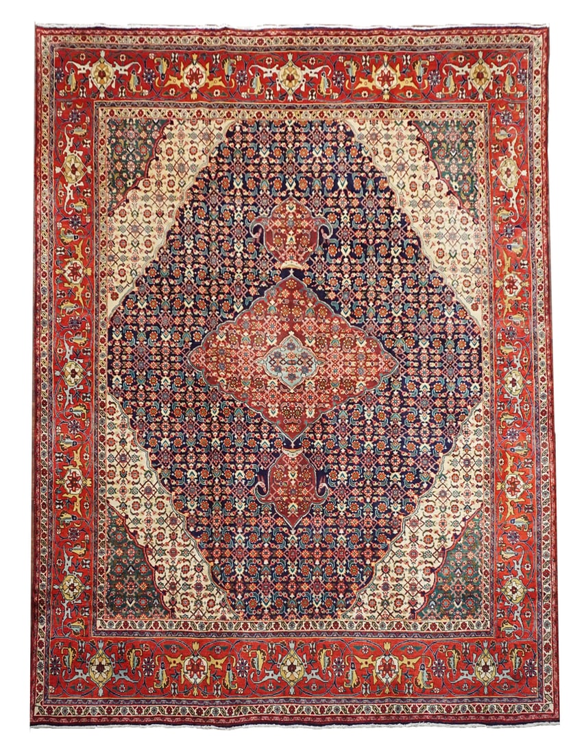 10X13 Persian Tabriz Fish Mahi, circa 1940: Hand-knotted wool pile on a cotton foundation. Circa 1940 Dimensions: 9'9" x 12'8" Origin: Iran Condition: Excellent Field Color: Blue Border Color: Red Accent Colors: Gold, Light-Blue, Red, Brown, Gr