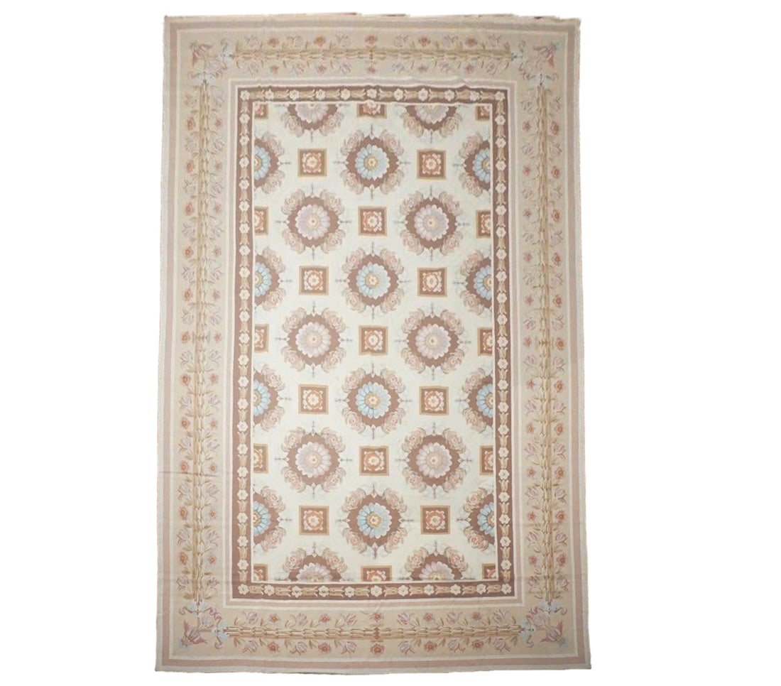 12X18 French Aubusson: Handwoven wool pile on a cotton foundation. Dimensions: 11'7" x 18'4" Origin: China Condition: Excellent Field Color: Cream Border Color: Tan Accent Colors: Brown, Light Blue, Rust, Dusty-Rose, Red, P