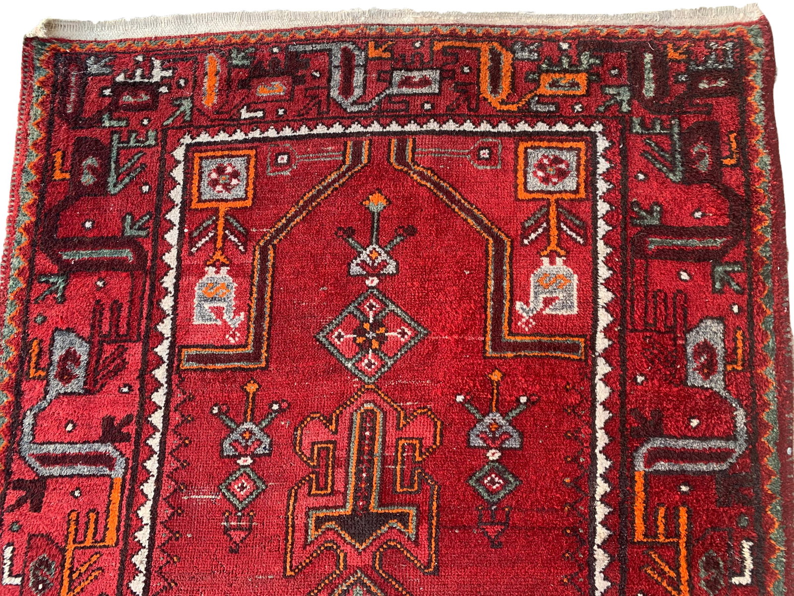 3X10 Estate Persian Karajeh Hand-Knotted Wool Rug, Circa 1940: Hand-knotted wool pile on a cotton foundation. Circa 1940 Dimensions: 3'6" x 6'10" Origin: India Condition: Good for its age Field Color: Red Border Color: Red Accent Colors: Ivory, Burgundy, Black, O