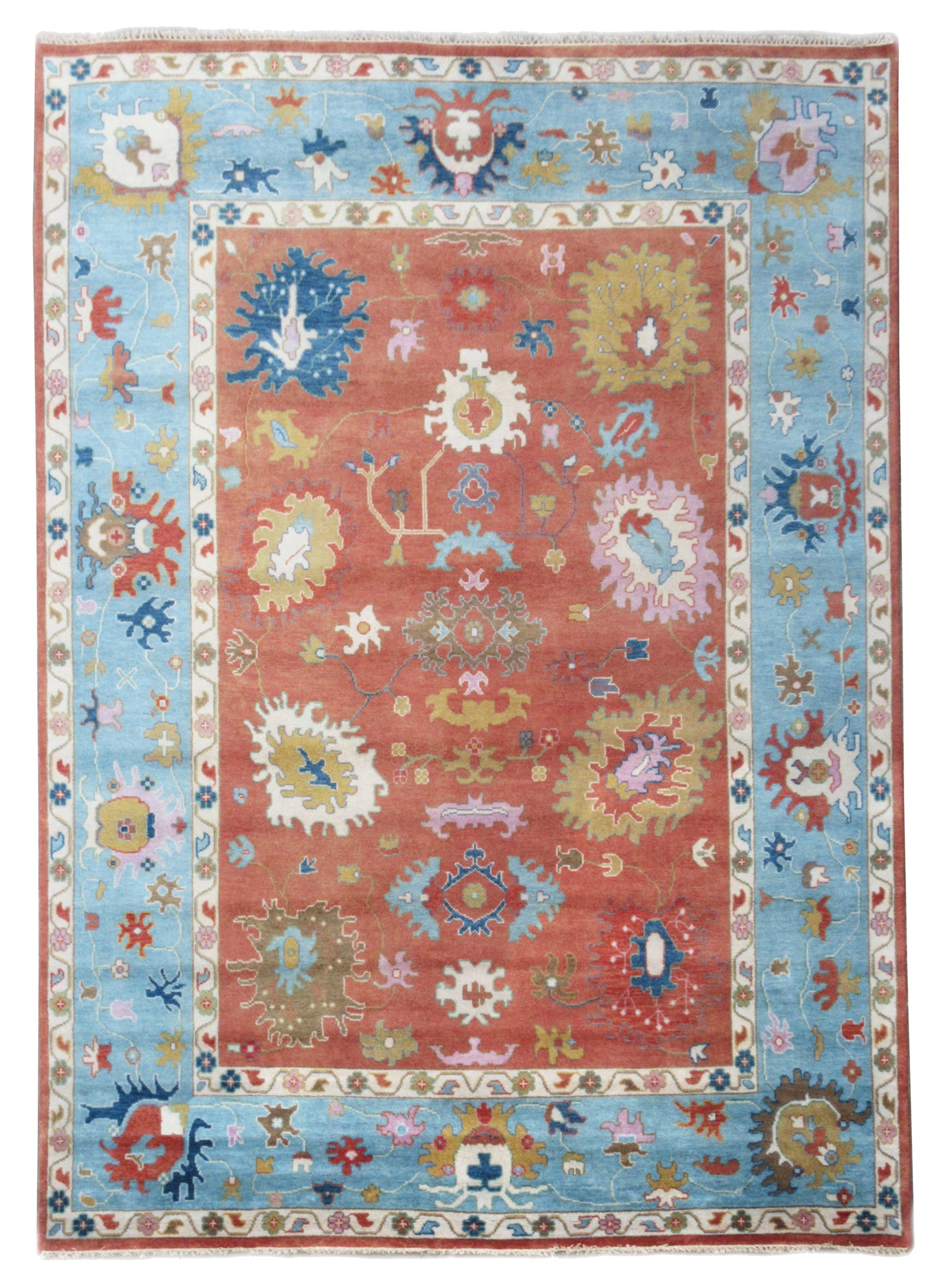 10X14 Rust Oushak Hand-Knotted Wool Rug: Hand-knotted, wool pile on a cotton foundation. Dimensions: 9'11" x 13'10" Origin: India Field Color: Rust Border Color: Light-Blue Accent Colors: Pink, Blue, Green, Ivory, Lavender SKU: 88.60-03.02.2