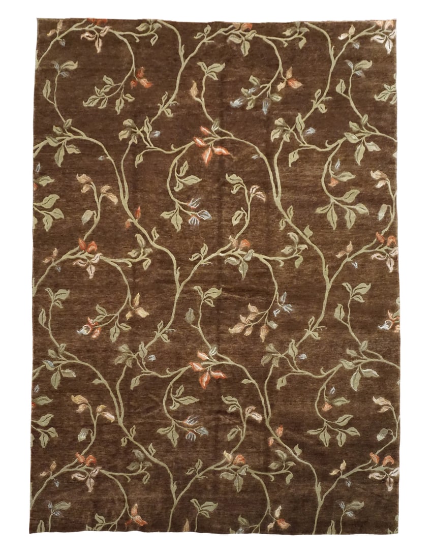 8X11 Fine European Inspired Wool and Silk Tibetan Rug: Hand-knotted wool & silk pile on a cotton foundation. Dimensions: 7'10" x 11'1" Origin: Tibet Condition: Excellent Field Color: Olive-Brown Border Color: Olive-Brown Accent Colors: Light-Olive, Copper