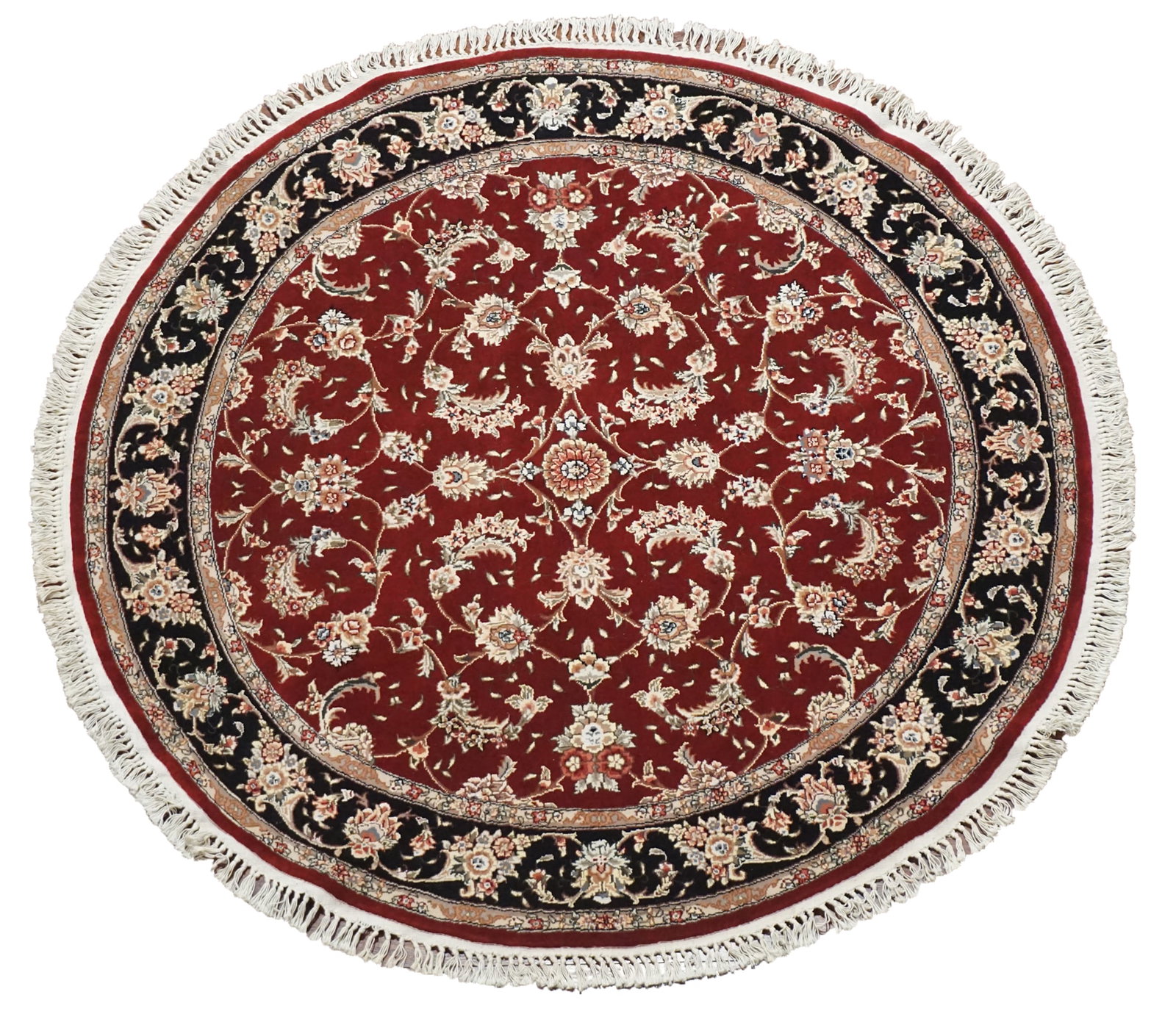 5X5 Fine Round Burgundy Persian Tabriz Area Rug: Hand-knotted wool pile on a cotton foundation. Dimensions: 5'5" Round Origin: China Field Color: Burgundy Border Color: Black Accent Colors: Tan, Gray, Light-Brown, Plum SKU: 66.38-06.29.17-5X5-15-AG1