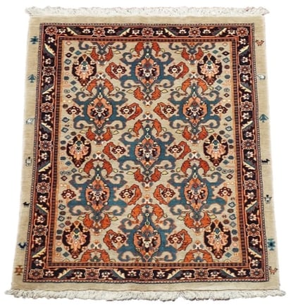 4X6 Fine Persian Serapi Heriz Rug with Goat & Rooster Design, circa 1970: Hand-knotted wool & silk pile on a cotton foundation. Goat and rooster design, circa 1970 Dimensions: 4' x 5'9" Origin: Iran Condition: Excellent Field Color: Camel Border Color: Midnight-Blue Accent 