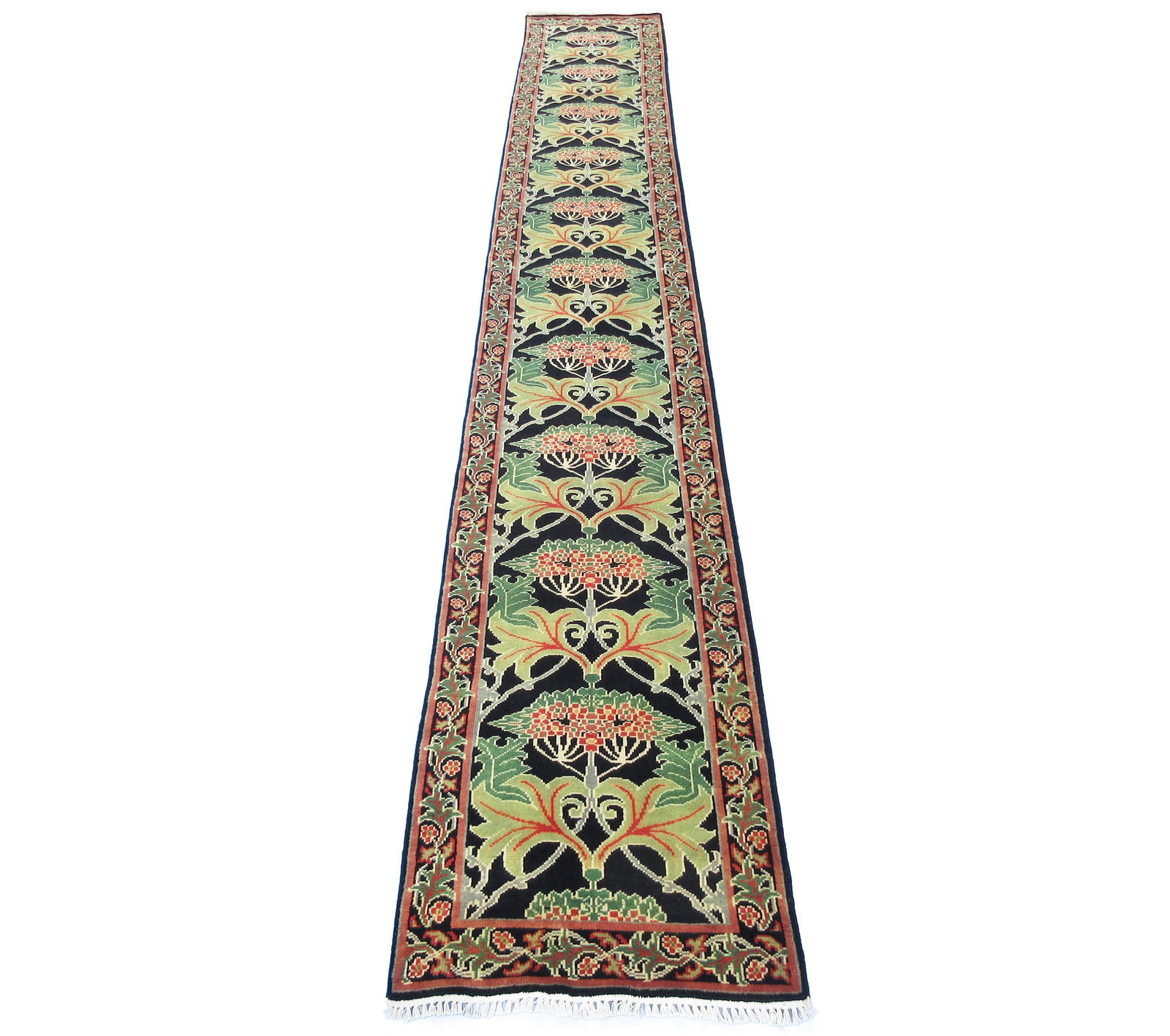3X19 Black William Morris Inspired Runner: Hand-knotted, wool pile on a cotton foundation. Approximately 2'6" x 19' Origin: India Field Color: Black Border Color: Black Accent Colors: Green, Red-Orange SKU: 89.155-06.22.22-3X19-24-AN007-ETMK