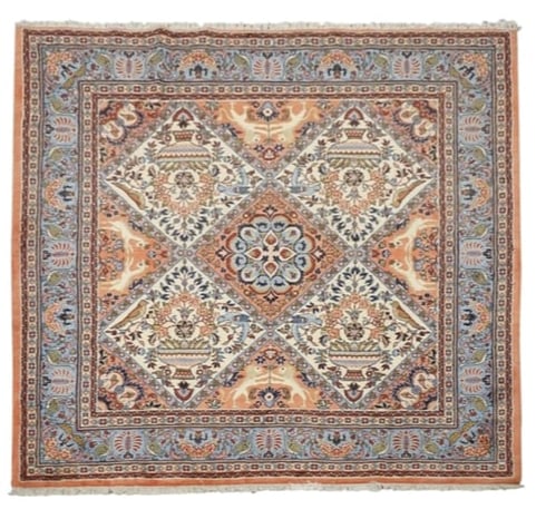 6X7 Fine Square Persian Malayer with Animal Motifs, circa 1970: Hand-knotted wool pile on a cotton foundation. Lion, deer and bird designs. Circa 1970 Dimensions: 6'5" x 6'9" Origin: Iran Condition: Excellent Field Color: Salmon Border Color: Light-Blue Accent Col