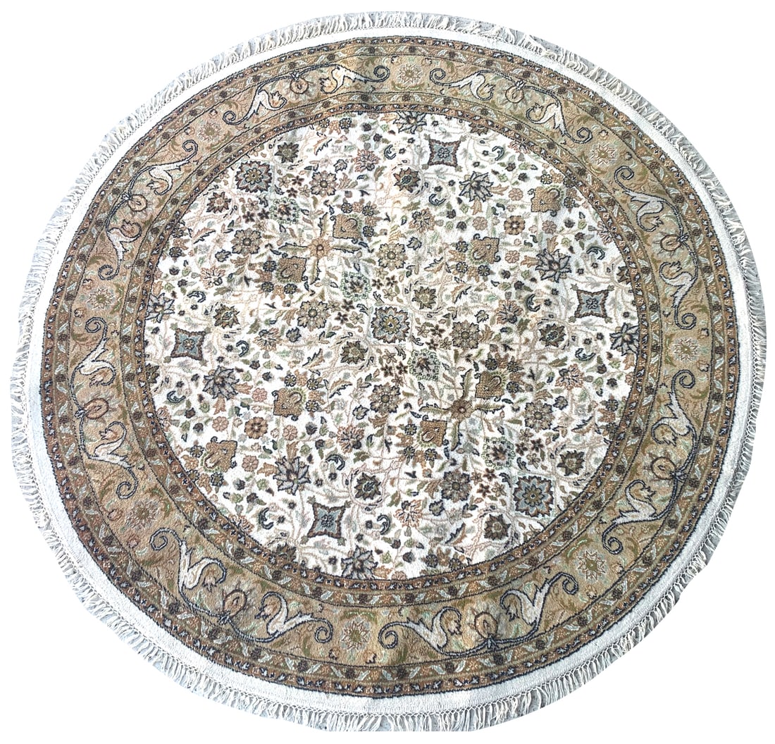 7X7 Estate Round Tabriz Hand-Knotted Wool Rug, Circa 1980: Hand-knotted wool pile on a cotton foundation. Circa 1980 Dimensions: 6'7" x 6'7" Origin: India Condition: Good for its age Field Color: Ivory Border Colors: Light-Brown Accent Colors: Black, Light-Bl