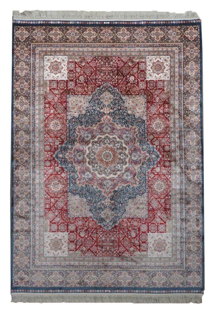 5X8 Tufted Tabriz Pure Silk Area Rug, 1000 KPSI: Tufted art silk in an art silk foundation. (1000 KPSI) New Dimensions: 5'1" x 7'7" Origin: Turkey Field Color: Red Border Color: Blue Accent Colors: Light-Brown, Ivory, Rose SKU: 99.13-05.10.23-5X8-22