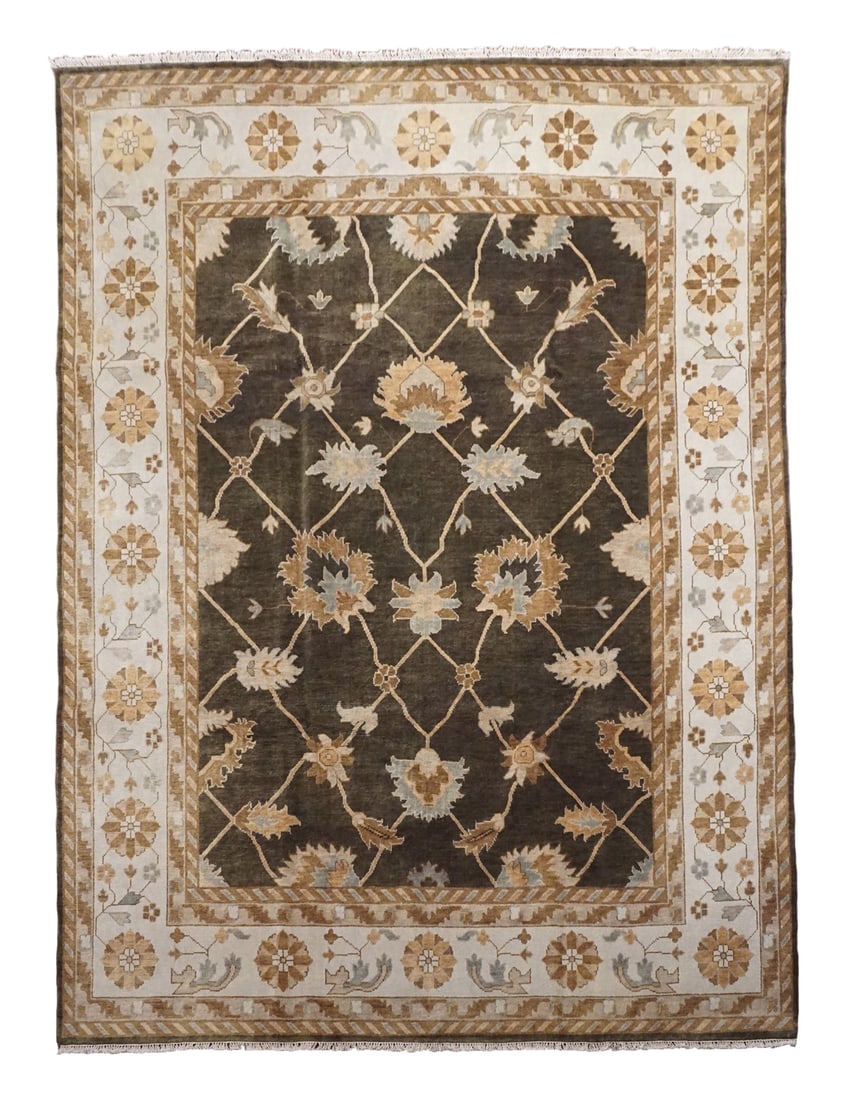9X12 Dark Green Oushak Area Rug: Hand-knotted, vegetable dyed wool pile on a cotton foundation. Dimensions: 9'2" x 11'9" Origin: India Field Color: Dark-Green Border Color: Beige Accent Colors: Brown, Light-Brown, Light-Blue, Light-O