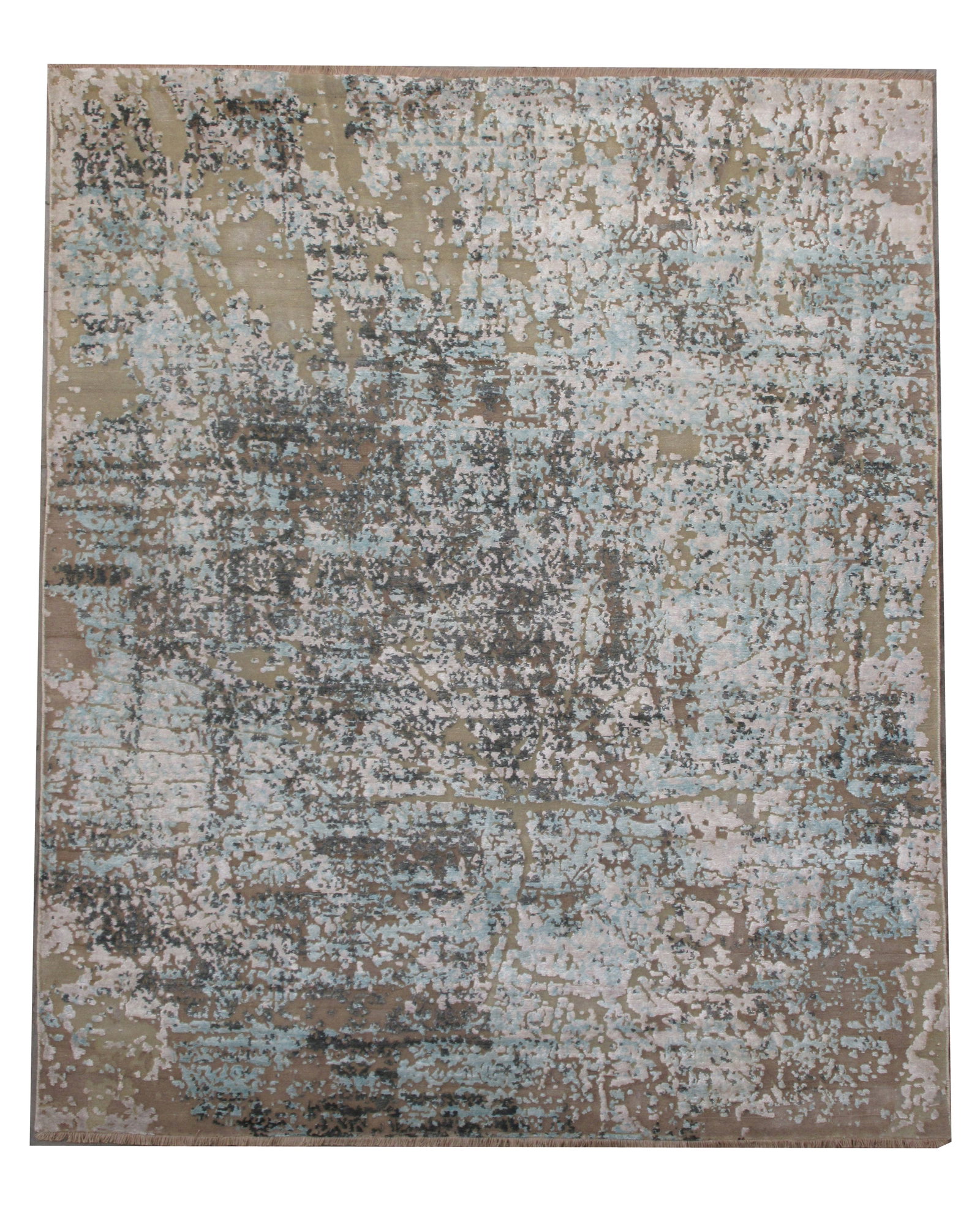 8X10 Modern Oxidized Wool & Silk Nepal Rug: Hand-knotted wool & silk pile on a cotton foundation. Dimensions: 7'10" x 10'2" Origin: India Field Color: Multicolored Accent Colors: Light-Gray, White, Light-Blue, Gray