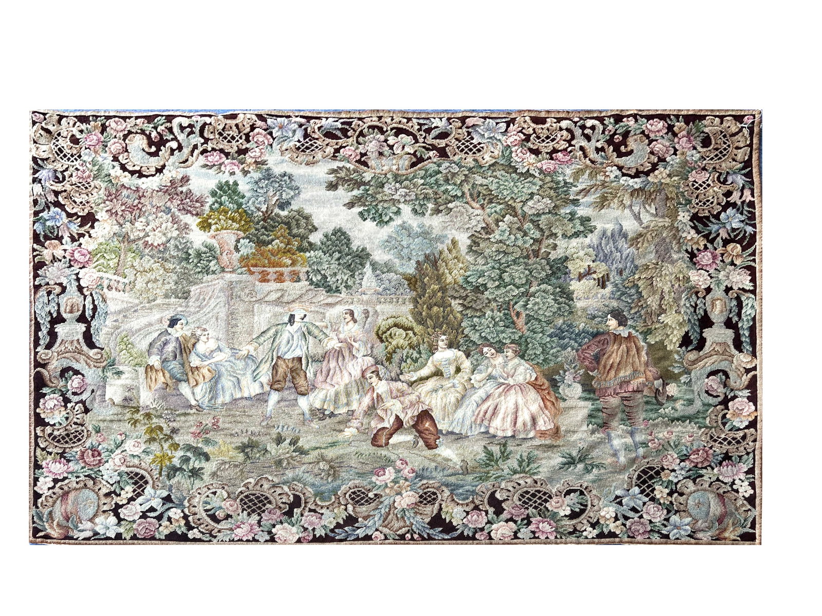 4X6 Antique Aubusson Petti Point Tapestry, circa 1900: Hand-woven wool pile on a cotton foundation. Circa 1900's Dimensions: 4'6" x 6'2" Origin: China Condition: Excellent Field Color: Multicolored Border Color: Brown Accent Colors: Beige, Green, Gold, Ro