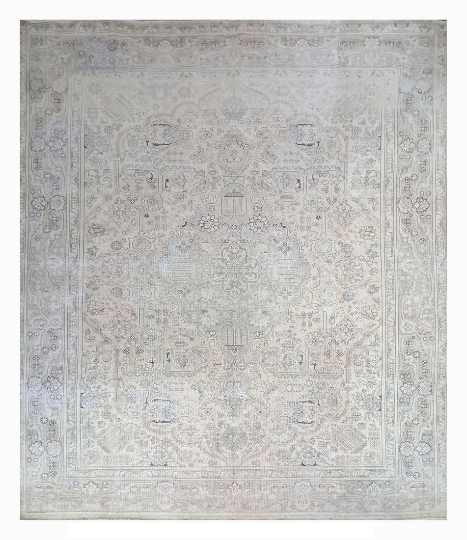 10X13 Vintage Distressed Persian Tabriz Rug: Hand-knotted wool pile on a cotton foundation. Antique Wash Circa 1940 Dimensions: 9'8" x 12'6" Origin: Iran Condition: Excellent Field Color: Light-Gold Border Color: Light-Gold Accent Color: Brown, 
