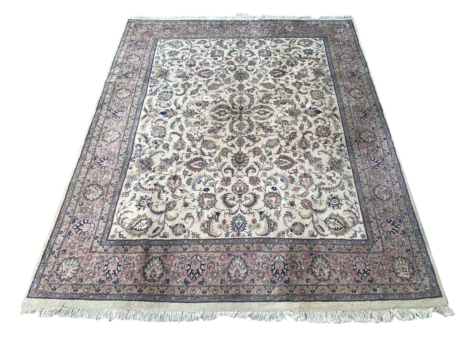 8X10 Estate Kashan Hand-Knotted Wool Rug, Circa 1980: Hand-knotted wool pile on a cotton foundation. Circa 1980 Dimensions: 8'4" x 10' Origin: India Condition: Good for its age Field Color: Ivory Border Colors: Rose Accent Colors: Light-Brown, Green, Nav
