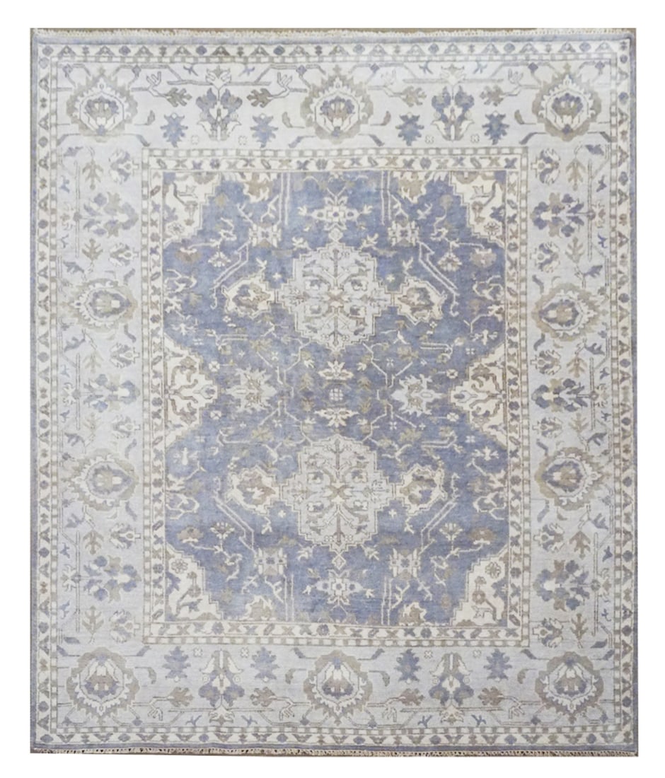 8X10 Gray Oushak Hand-Knotted Rug: Hand-knotted wool pile on a cotton foundation. Dimensions: 8'2" x 9'9" Origin: India Field Color: Gray Border Color: Light-Blue Accent Colors: Ivory, Light-Olive SKU: 69.17-11.16.20-8X10-44-AJ124-EAMS