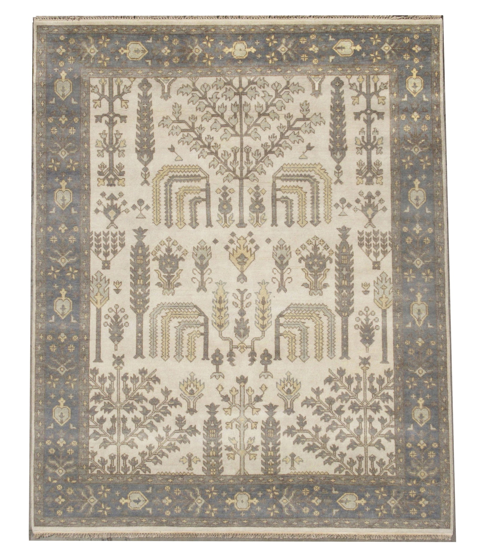 8X10 Ivory Oushak Area Rug: Hand-knotted wool pile on a cotton foundation. Dimensions: 8' x 9'10" New Origin: India Field Color: Ivory Border Color: Slate-Gray Accent Colors: Pale-Yellow, Light-Blue, Blue