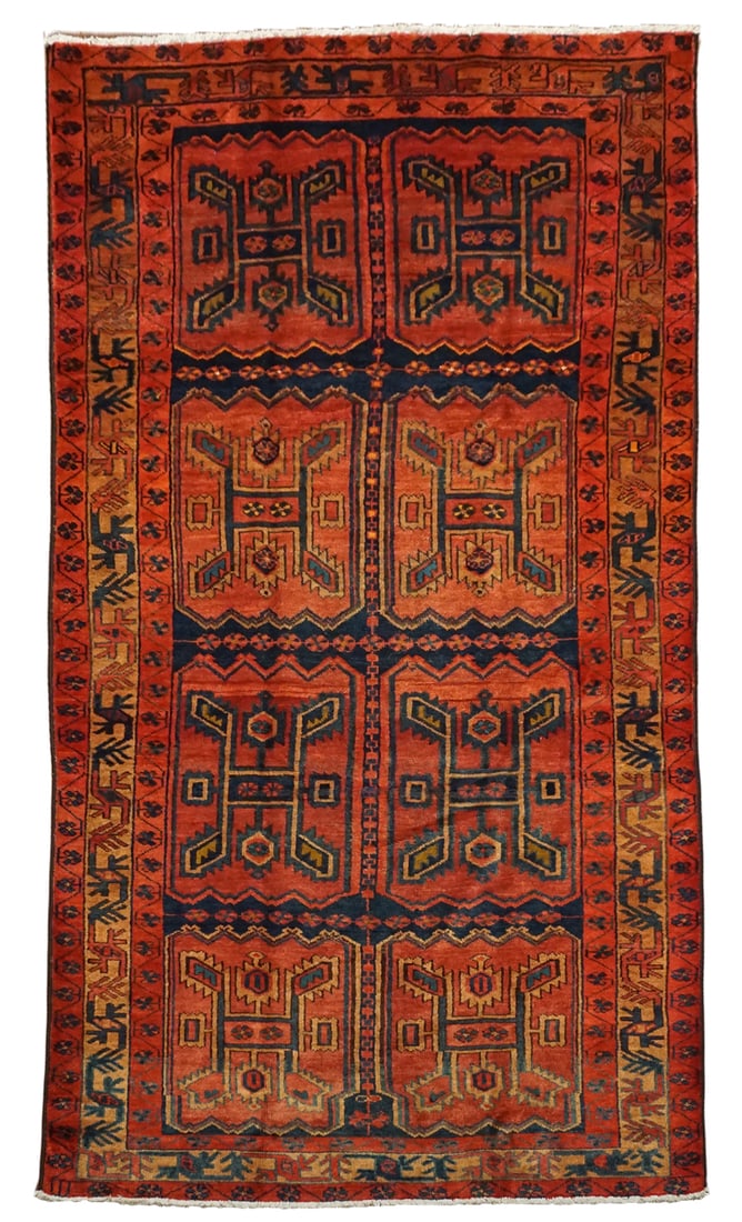 5X10 Abrash Lori Gallery Runner, circa 1940: Hand-knotted, abrash wool pile on a cotton foundation. Circa 1940 Dimensions: 4'10" x 10' Origin: Iran Condition: Excellent Field Color: Red-Rust Border Color: Red-Rust Accent Colors: Navy-Blue SKU: 6