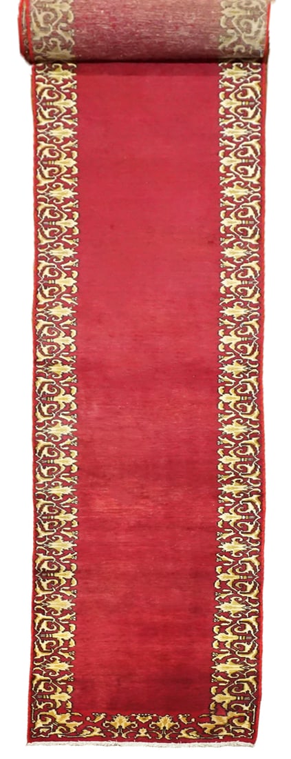 3X17 Persian Kerman Runner, circa 1960: Hand-knotted wool pile on a cotton foundation. Circa 1960 Dimensions: 2'8" x 17'5" Origin: Iran Condition: Excellent Field Color: Blue-Red Border Color: Blue-Red Accent Colors: Cream, Light-Green, Bla