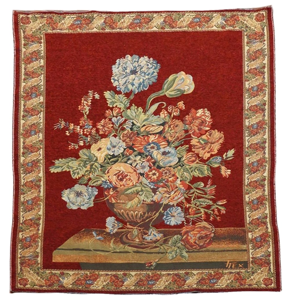 5X6 Vintage Tapestry with a Flower and Vase Design: Hand-knotted wool pile on a cotton foundation. Circa 1970 Dimensions: 5' x 5'8" Origin: Belgium Condition: Excellent SKU: 66.20-06.27.17-5X6-4-AG096-