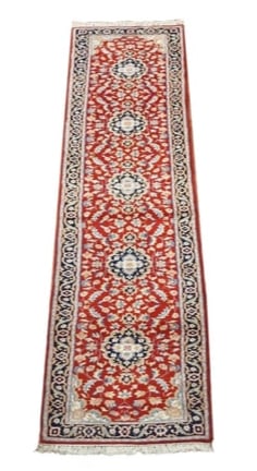 3X12 Red Tabriz Hand-Knotted Wool Runner: Hand-knotted wool & silk pile on a cotton foundation. Dimensions: 2'8" x 12'1" Origin: India Field Color: Red Border Color: Navy-Blue Accent Colors: Light-Blue, Light-Brown, Pink, Ivory, Royal-Blue SK