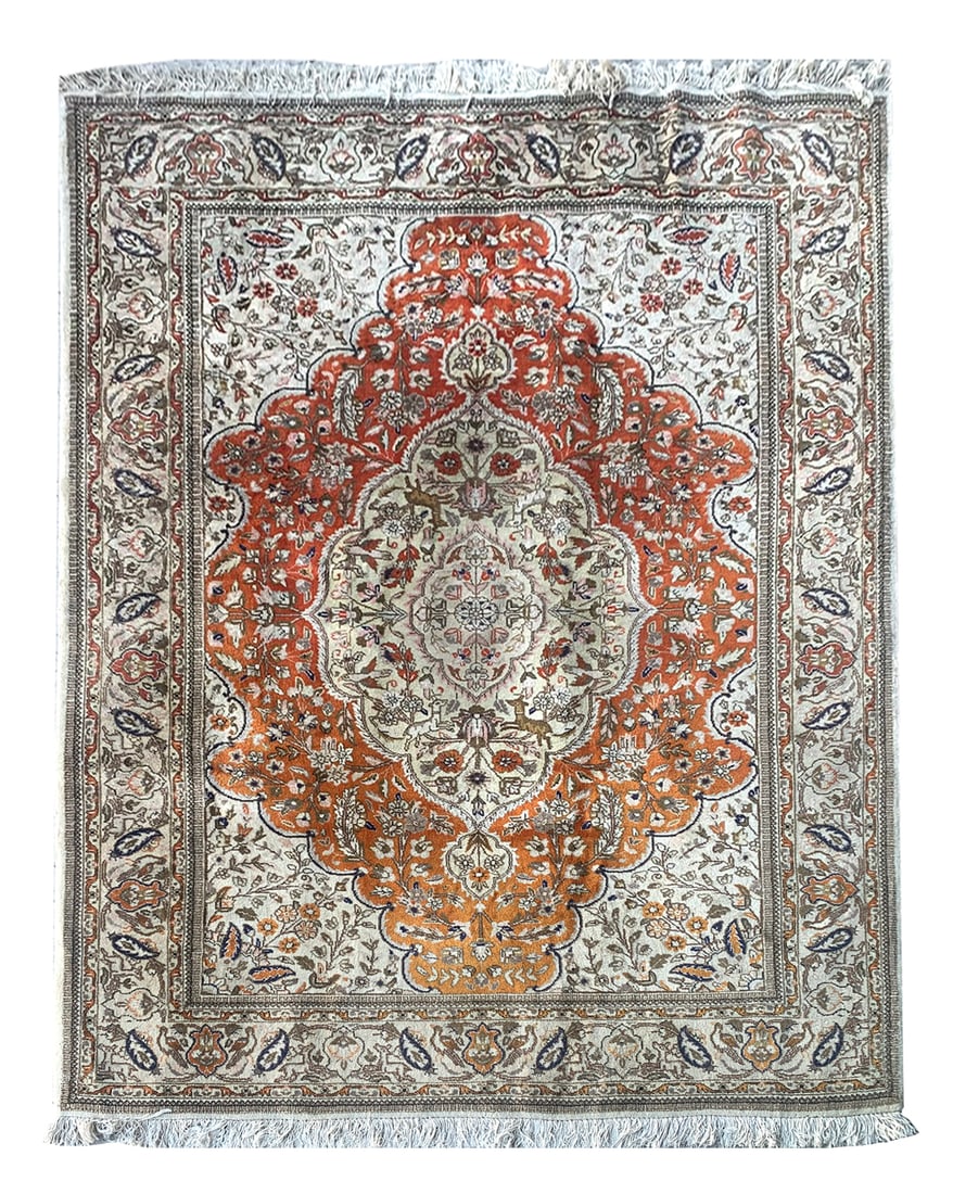 6X9 Estate Persian Tabriz Hand-Knotted Wool Rug, Circa 1970: Hand-knotted wool pile on a cotton foundation. Circa 1970 Dimensions: 6'4" x 8'11" Origin: Iran Condition: Good for its age Field Color: Rust Border Colors: Ivory Accent Colors: Navy, Brown SKU: 109.1