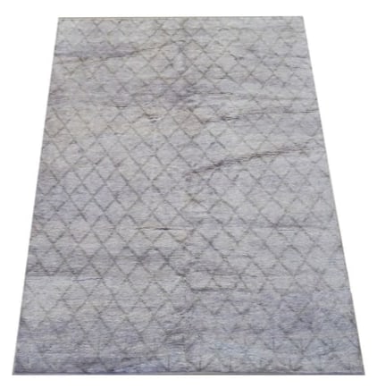 6X9 Moroccan Trellis Area Rug: Hand-knotted wool pile on a cotton foundation. Size: 6' x 8'10" Country of Origin: Morocco Age: New Condition: Excellent Field Color: Gray-Gold Blend Accent Color: Light-Green SKU: 73.6-11.25.20-6X9-3