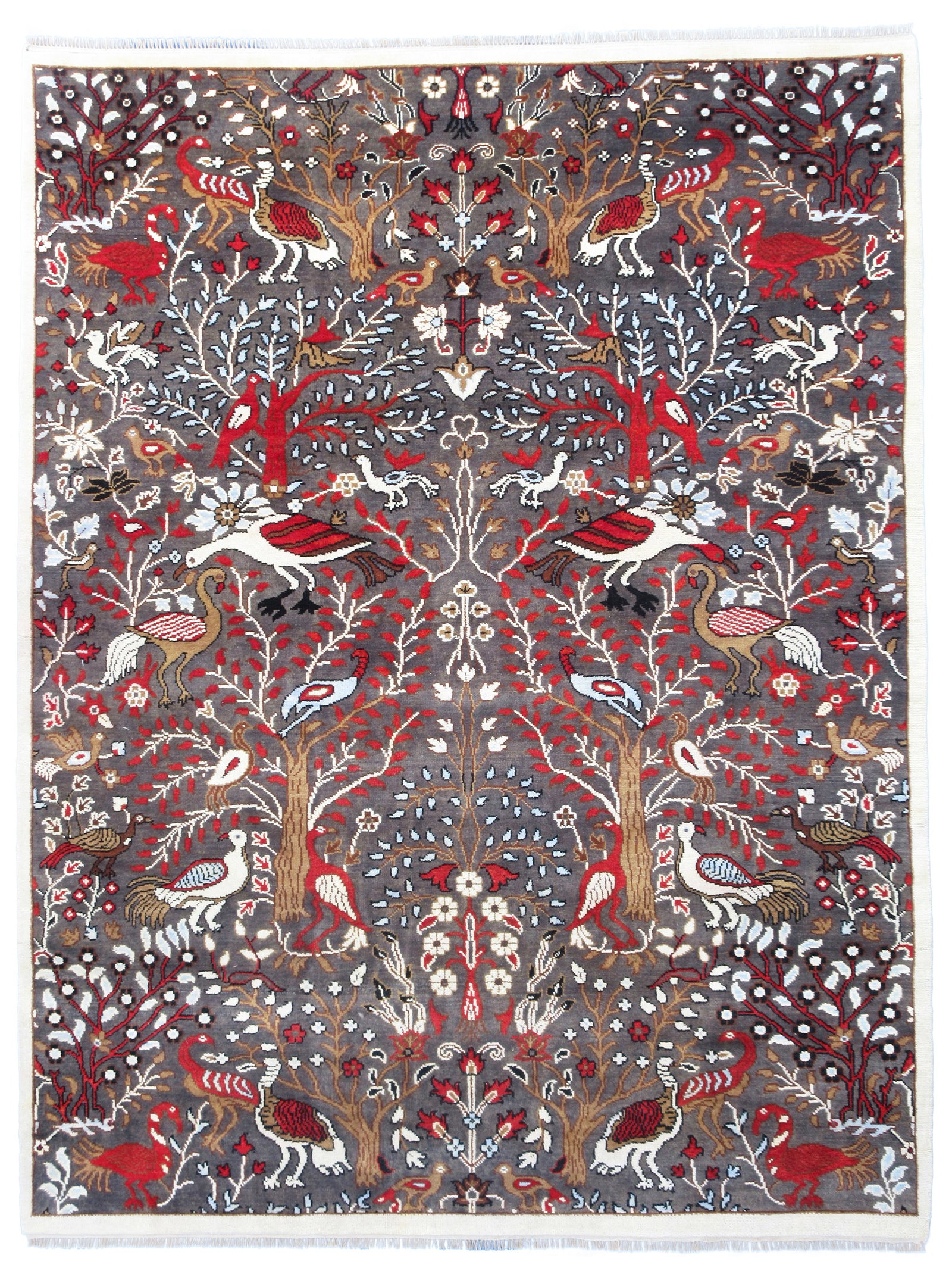 9X12 Brown Bird Design Rug: Hand-knotted, wool pile on a cotton foundation. Dimensions: 8'11" x 11'10" Origin: India Field Color: Brown Border Color: Ivory Accent Colors: Red, Gray SKU: 89.86-06.22.22-9X12-80-AM238