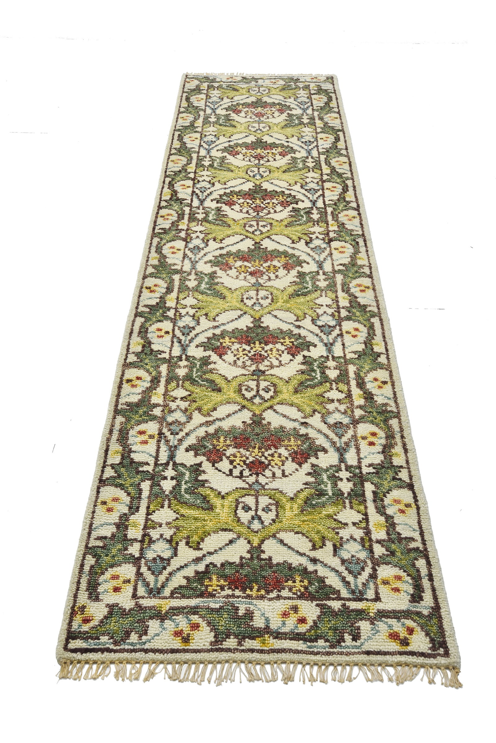 3X8 Ivory William Morris Inspired Wool Runner: 2'9" x 10'2" Hand-knotted wool pile on a cotton foundation. Origin: India New Condition: Excellent Field Color: Ivory Border Color: Ivory Accent Colors: Green, Light-Green, Yellow, Red, Blue, Brown No