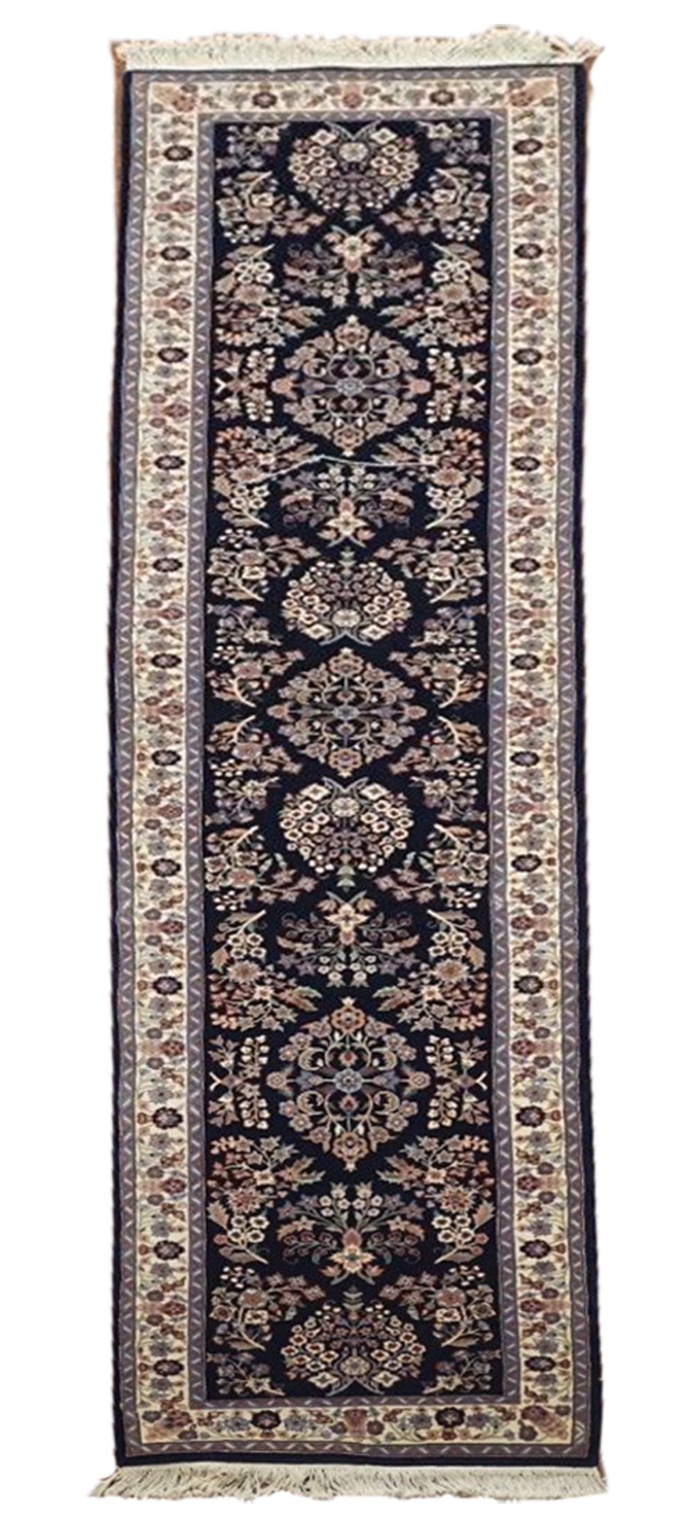 3X13 Fine Tabriz Runner, circa 2000: Hand-knotted wool pile on a cotton foundation. Circa 2000 Dimensions: 2'6" x 12'6" Origin: China Condition: Excellent Field Color: Navy-Blue Border Color: Ivory Accent Colors: Light-Blue, Burgundy, Ro