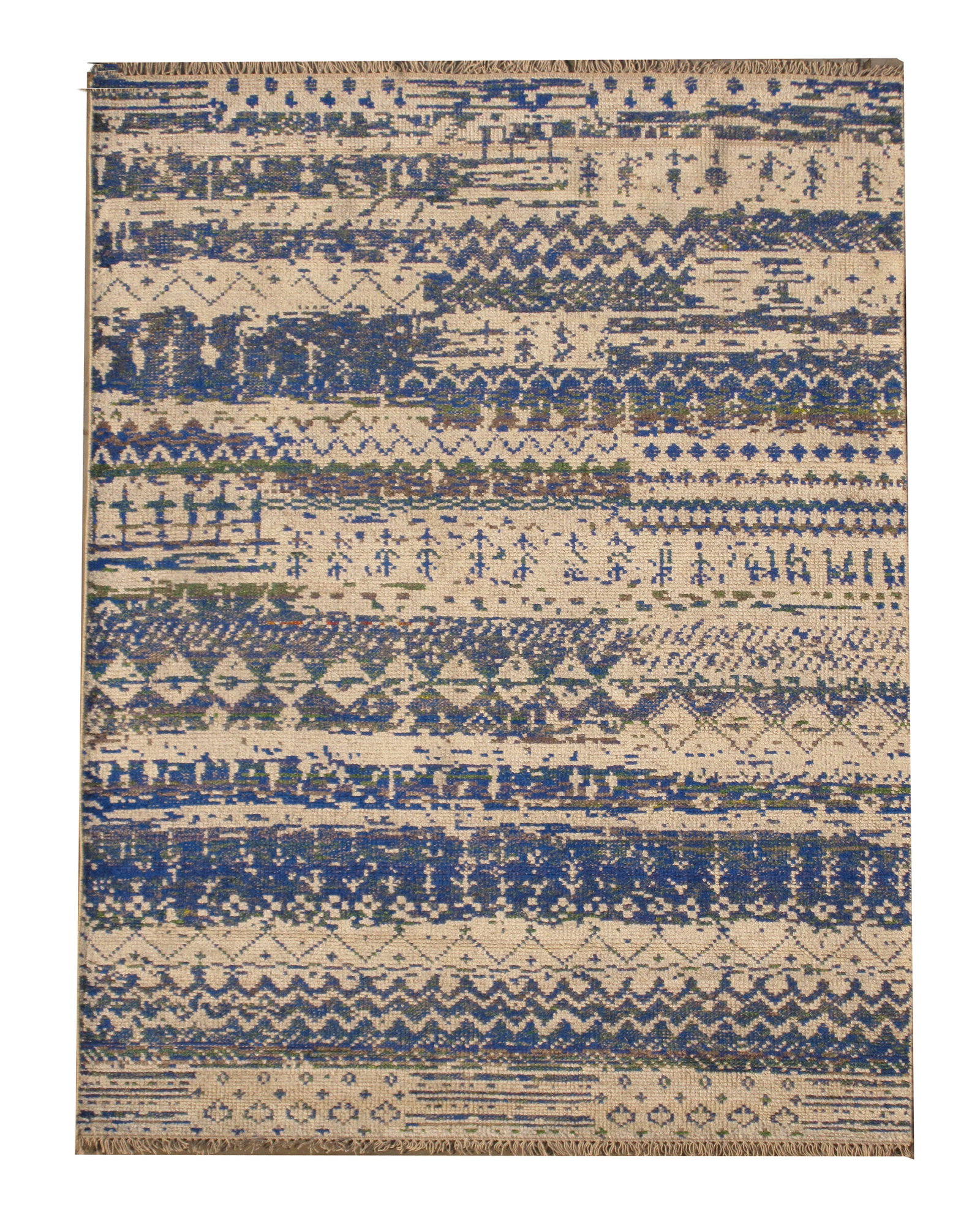6X8 Modern Area Rug: Hand-knotted wool pile on a cotton foundation. New Dimensions: 5'7" x 7'9" Origin: India Field Color: Ivory Accent Colors: Blue, Green, Green, Gray SKU: 71.105-08.14.20-6X8-AJ