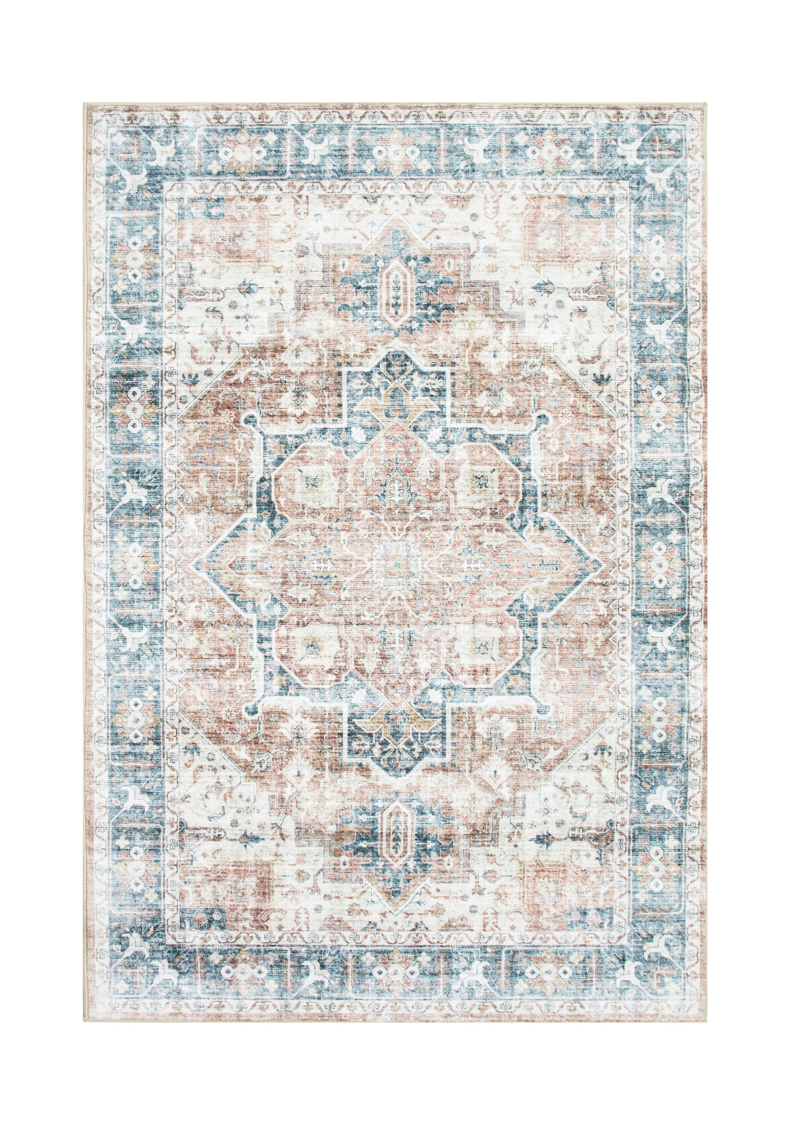 4X6 Heriz Premium 1/4" Pile Ultra Soft Rug with Non-Slip & Padded Backing: Premium ultra soft 1/4" pile with non-slip padded backing. 4X6 New Origin: China Field Color: Ivory Border Color: Blue Accent Colors: Rust, Golden-Brown Tufted art silk pile on a non-slip polyester fo