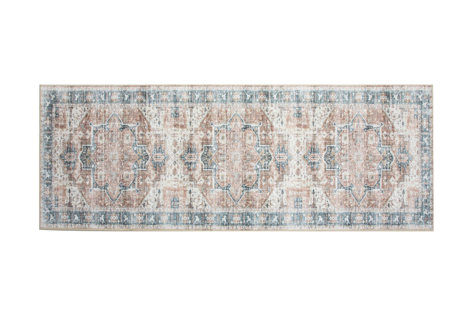 3X8 Heriz Premium 1/4" Pile Ultra Soft Runner with Non-Slip & Padded Backing: Premium ultra soft 1/4" pile with non-slip padded backing. 2'6" x 8' New Origin: China Field Color: Ivory Border Color: Blue Accent Colors: Rust, Golden-Brown Tufted art silk pile on a non-slip polyes