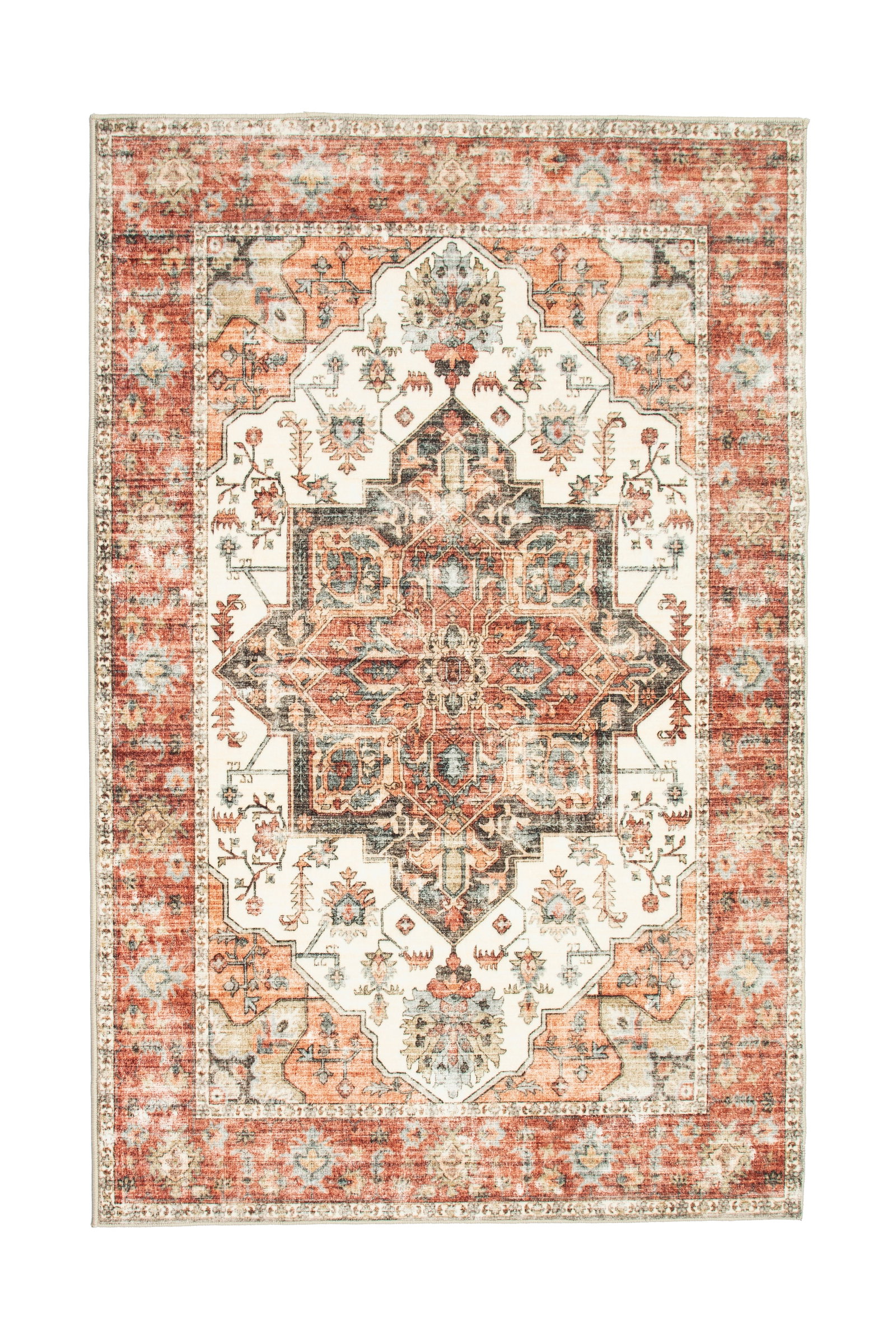 6X9 Serapi Premium 1/4" Pile Ultra Soft Rug with Non-Slip & Padded Backing: Premium ultra soft 1/4" pile with non-slip padded backing. 6X9 New Origin: China Field Color: Ivory Border Color: Red Accent Colors: Black, Gray, Orange, Brown Tufted art silk pile on a non-slip polye