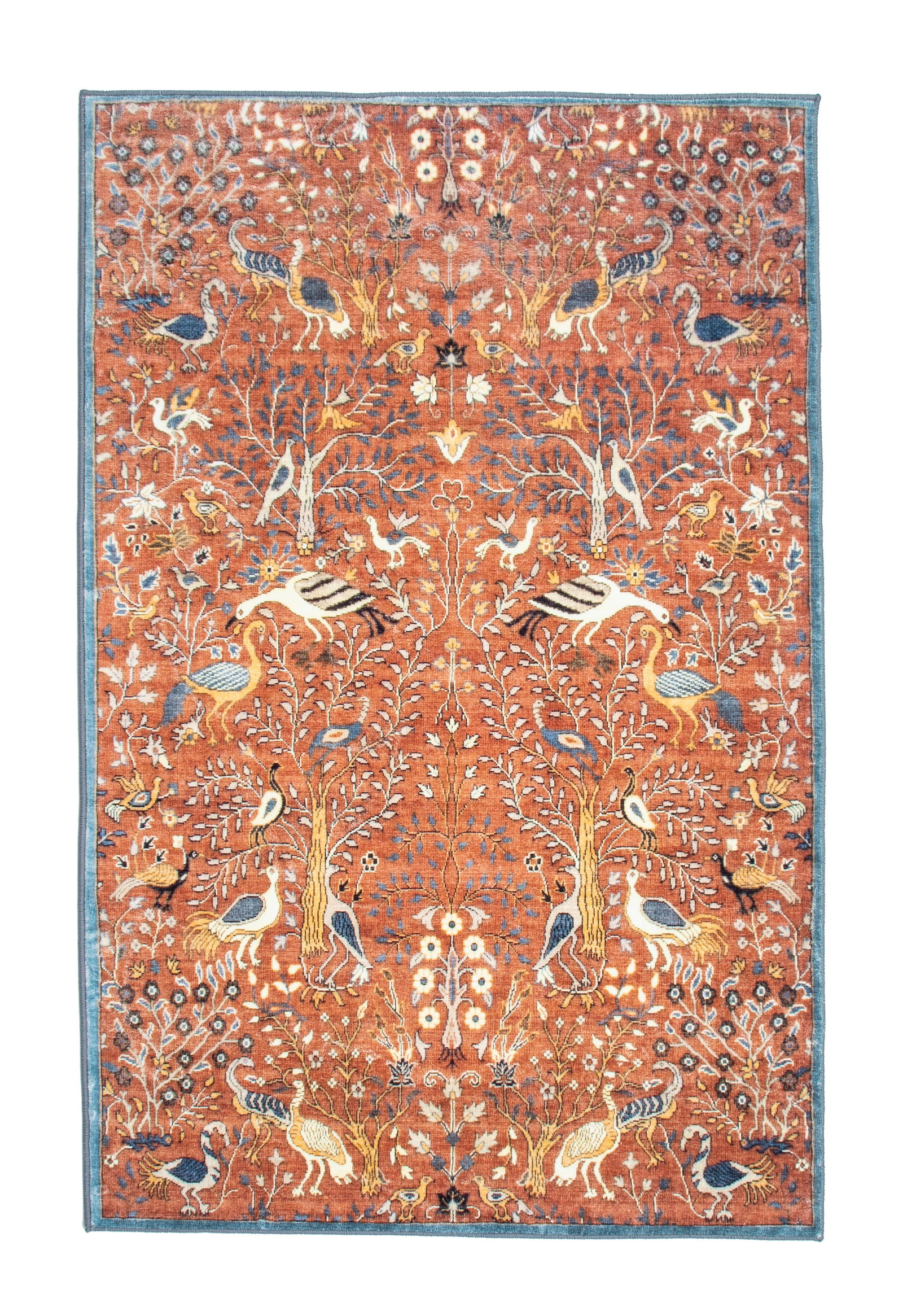 3X5 Burnt-Orange Birds Premium 1/4" Pile Ultra Soft Non-Slip Padded Backing Rugs: Premium ultra soft 1/4" pile with non-slip and padded backing. 3X5 Origin: ChinaAge: New Condition: Excellent Field Color: Burnt Orange Border Color: Blue Accent Color: Blue, Ivory, Black, Yellow Tuft