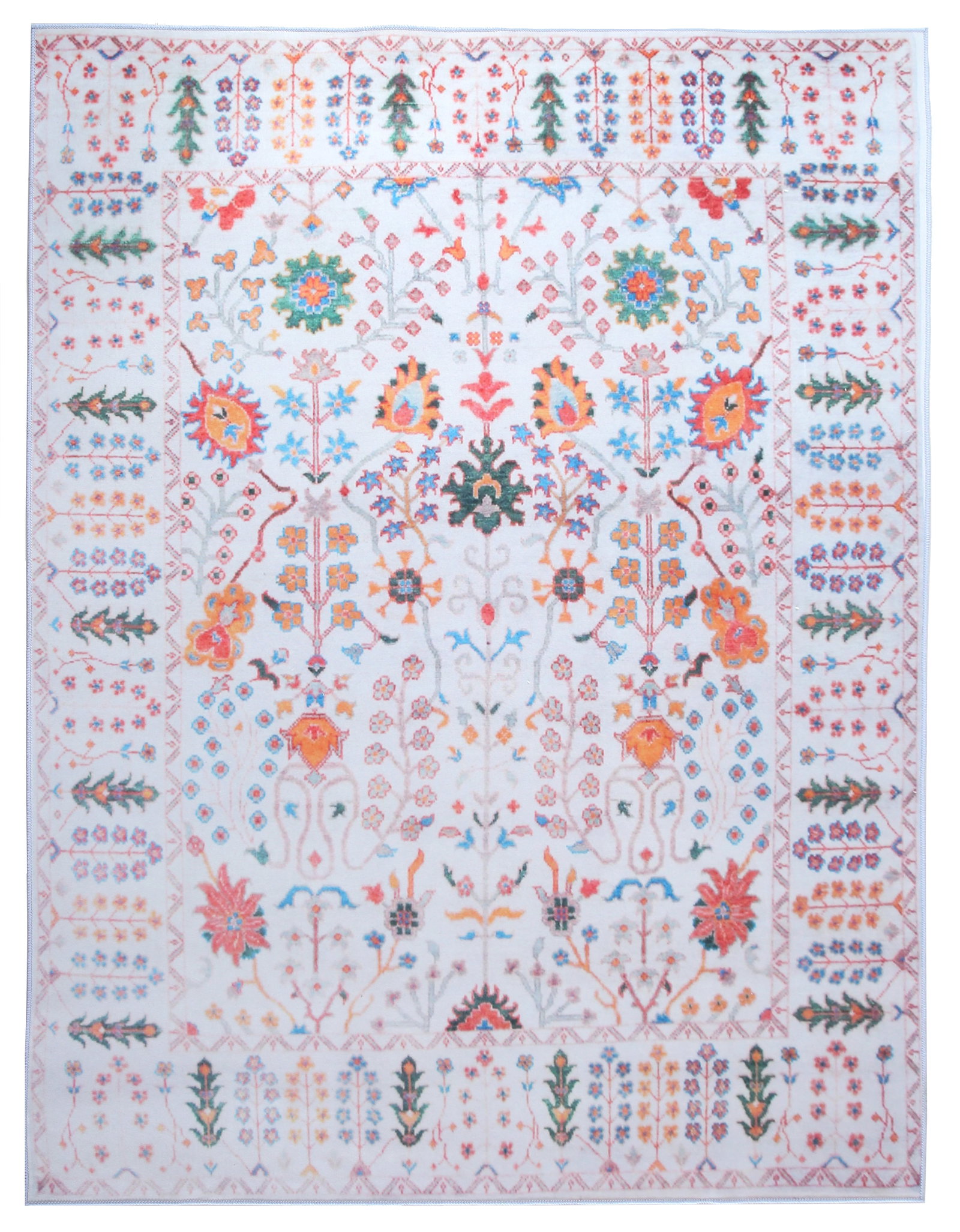 8X10 Modern Ivory Oushak Machine Washable Area Rug: Machine Washable Approximate Dimensions: 8' x 10' Origin: China Field Color: Ivory Border Color: Ivory Accent Colors: Green, Blue, Orange, Red, Gray SKU: 96.15-01.16.23-8X10-15-AN146