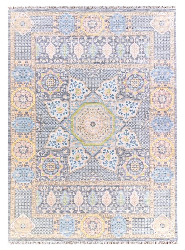 8X10 Mamluk Hand-Knotted Wool Area Rug: Hand-knotted wool pile on a cotton foundation. Dimensions: 8'2" x 10'1" New Origin: India Field Color: Multicolored Border Color: Multicolored Accent Colors: Blue, Yellow, Ivory, Peach, Green, Red SKU