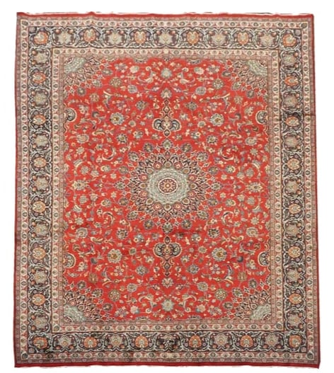 10X13 Signed Persian Dorokhsh Rug, circa 1940: Hand-knotted wool pile on a cotton foundation. Signed by weaver, circa 1940 Dimensions: 9'7" x 13'1" Origin: Iran Condition: Excellent with low pile Field Color: Red Border Color: Midnight-Blue Accent