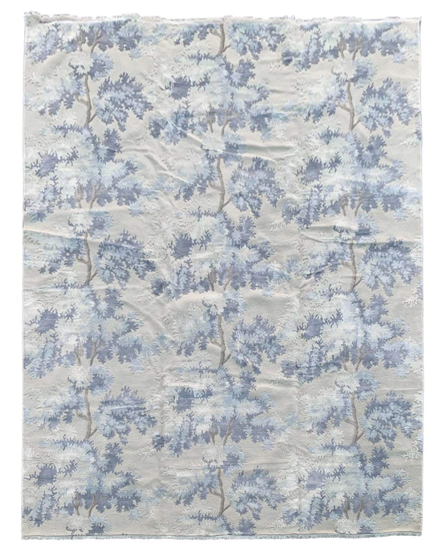 10X14 Fine Wool & Silk High-Low Area Rug Blue Tree Design: Hand-knotted wool & silk pile on a cotton foundation. New Dimensions: 10' x 14'1" Origin: India Field Color: Ivory Accent Colors: Light-Gray-Blue, Light-Brown, Gray-Blue, Dark-Brown SKU: 112.03-10.28.