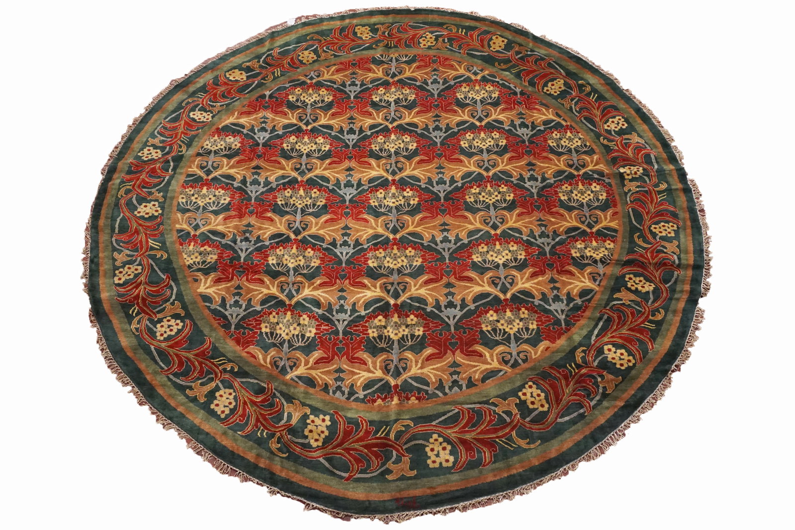 14X14 Round William Morris Art & Craft Rug: Hand-knotted wool pile on a cotton foundation. Signed by weaver Dimensions: 13'8" x 13'8" New Origin: India Field Color: Green Border Color: Green Accent Colors: Light-Gold, Cherry-Red, Light-Green, C