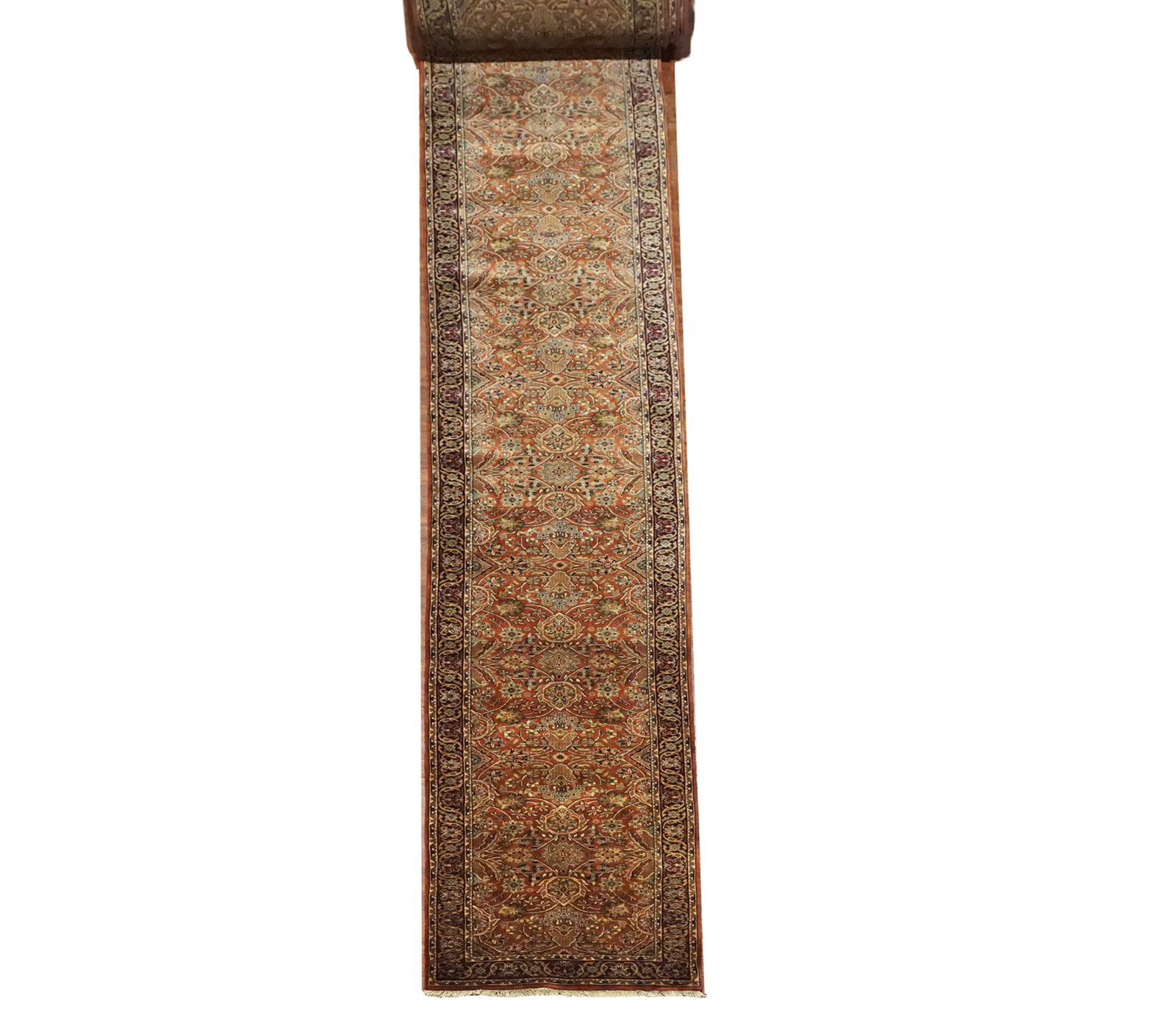 3X49 Fine Persian Sultanabad Mahal Runner: Hand-knotted wool pile on a cotton foundation. Dimensions: 2'6" x 48'9" Origin: India Field Color: Rust Border Color: Black Accent Colors: Light-Blue, Cherry-Red, Tan SKU: 66.36-06.29.17-3X49-122-AG11