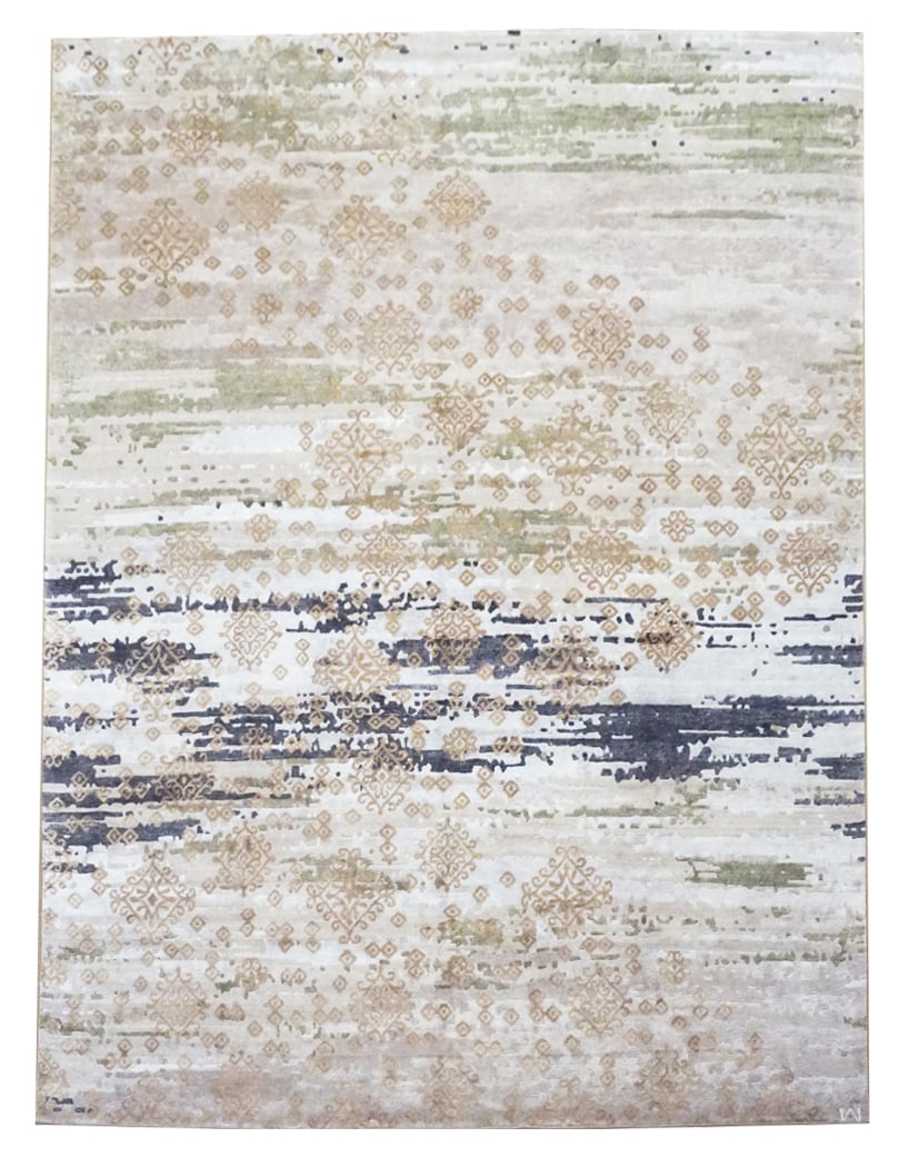 9X12 Fine Wool and Silk Modern Area Rug: Hand-knotted wool pile on a cotton foundation. Dimensions: 9'1" x 12' Origin: India Field Color: Multicolored Accent Colors: Light-Brown, Ivory, Charcoal, Gold, Beige, Light-Green SKU: 73.1