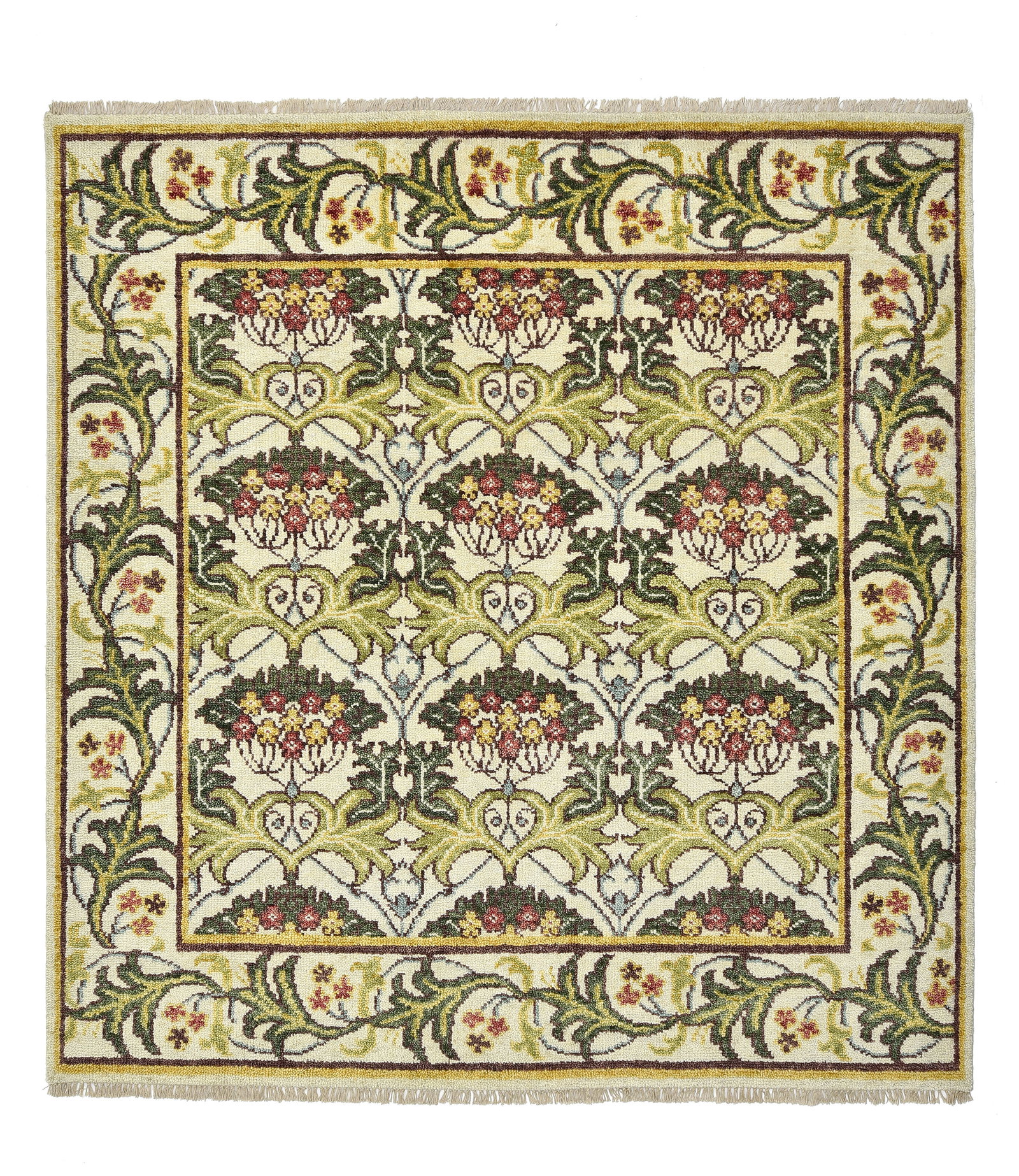 10X10 Ivory William Morris Inspired Square Area Rug: Hand-knotted, wool pile on a cotton foundation. 10' x 10' Origin: India Field Color: Ivory Border Color: Ivory Accent Colors: Light-Green, Dark-Green, Gold, Brown, Light-Blue SKU: 98.29-03.29.23-10X10